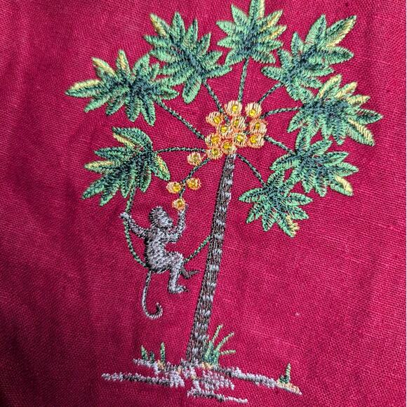 Vtg 1990s Ultra Dress Red Linen Monkey Coconut Tree Embroidered Button Up Top 6 - Picture 3 of 4